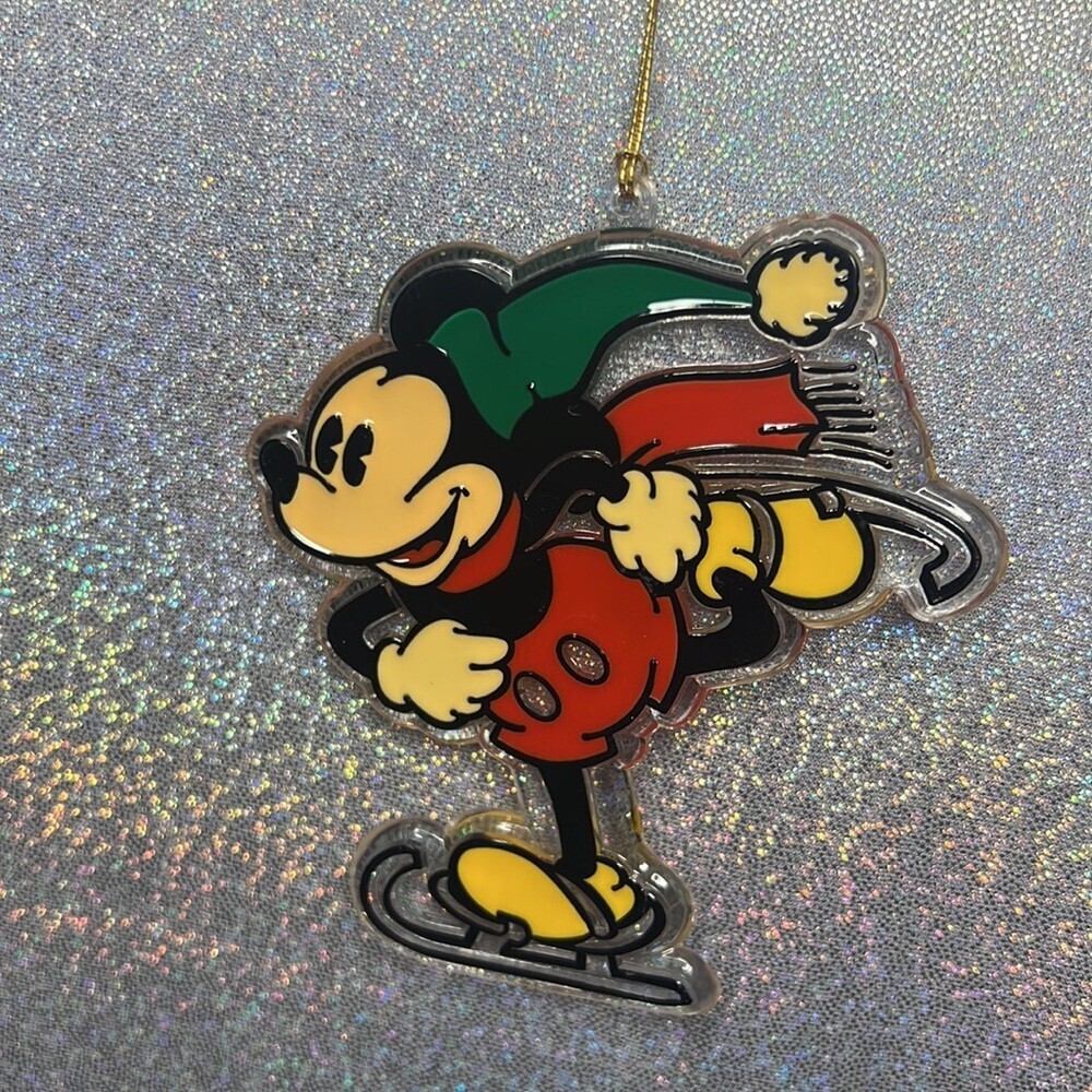 Disney ornament Mickey Mouse skiing vintage clear red green yellow black Xmas.